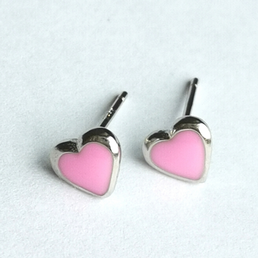 Sterling Silver Pink Enamel Heart Stud Earrings Small